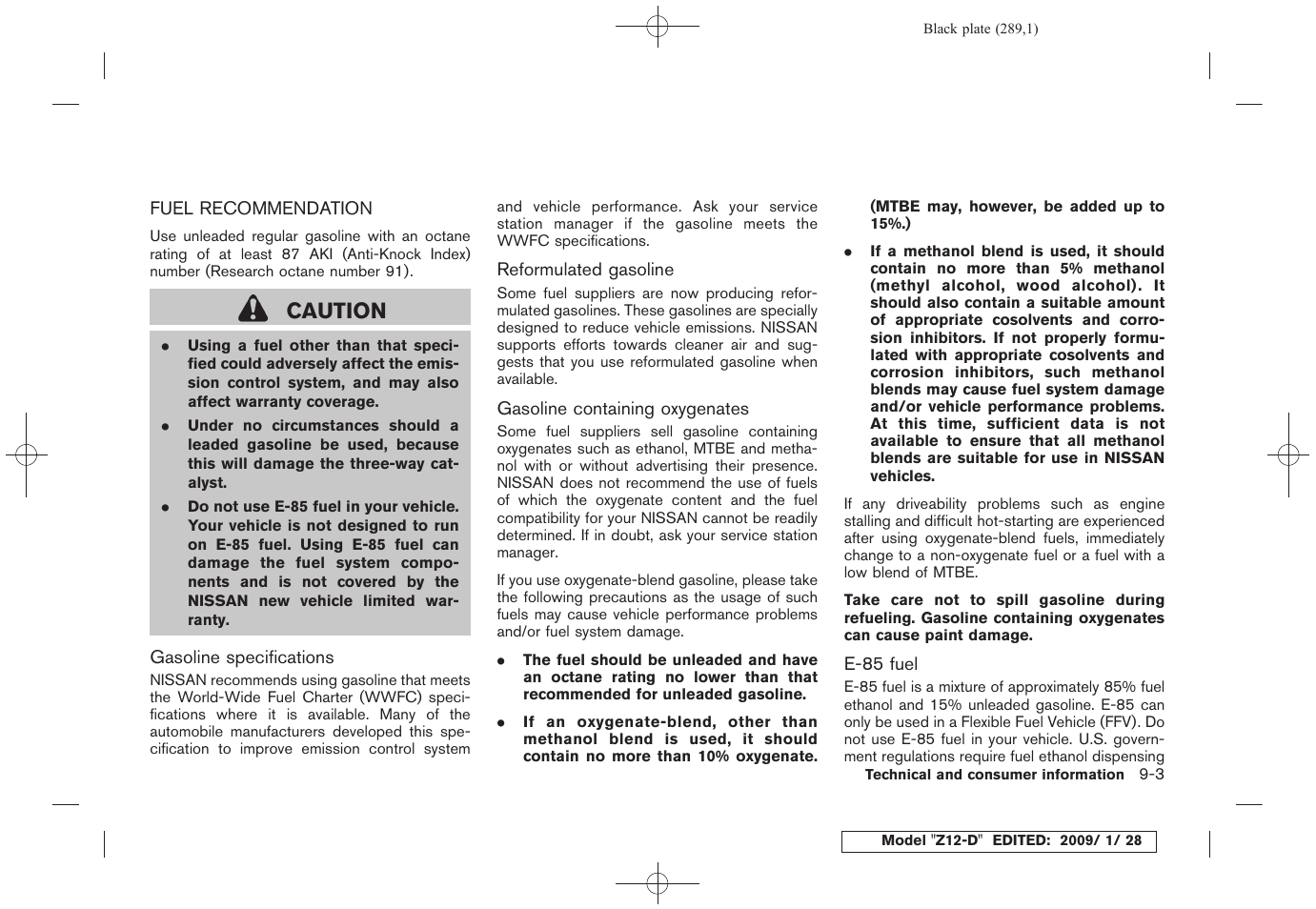 Fuel recommendation -3, Caution | NISSAN Z12-D User Manual | Page 291 / 321
