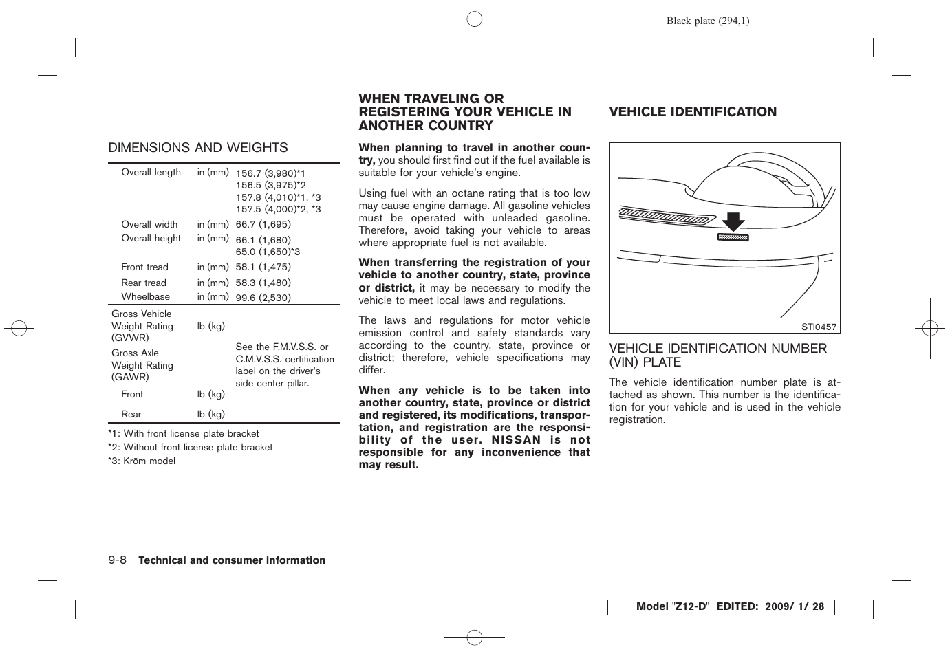 Dimensions and weights -8, Vehicle identification number (vin) plate -8 | NISSAN Z12-D User Manual | Page 296 / 321
