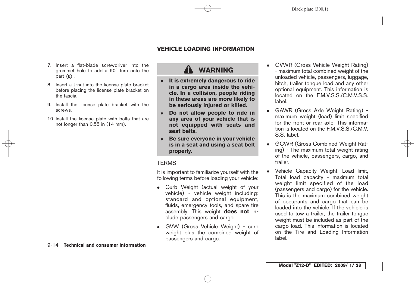 Vehicle loading information -14, Terms -14, Warning | NISSAN Z12-D User Manual | Page 302 / 321