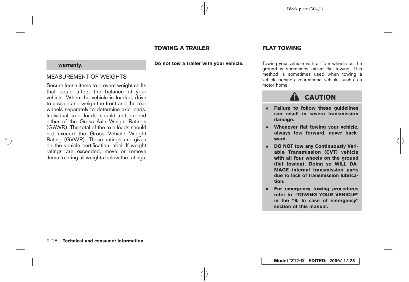 Measurement of weights -18, Towing a trailer -18 flat towing -18, Caution | NISSAN Z12-D User Manual | Page 306 / 321
