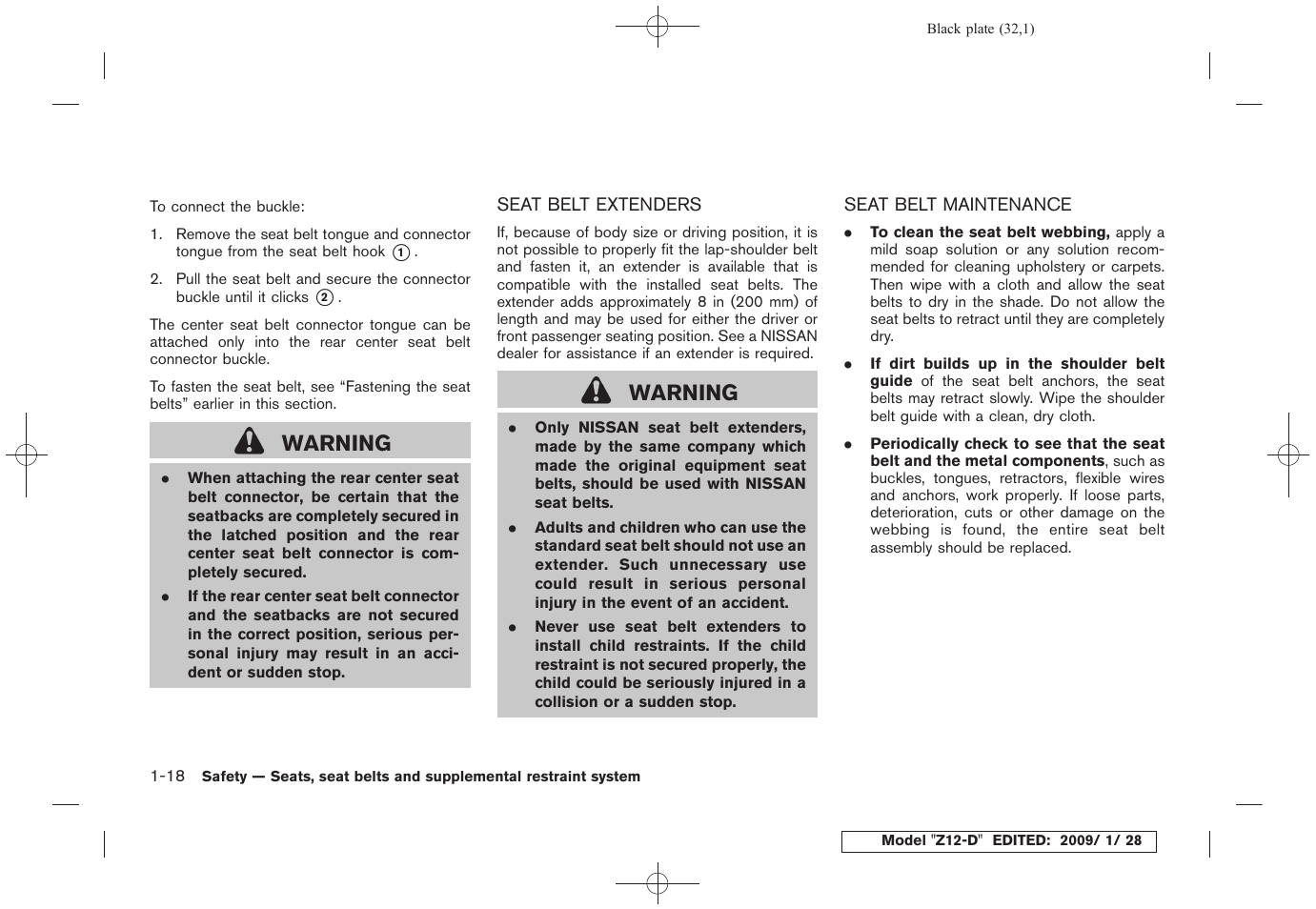 Seat belt extenders -18 seat belt maintenance -18, Warning | NISSAN Z12-D User Manual | Page 34 / 321