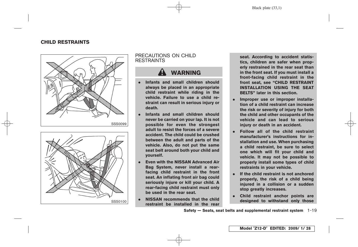 Child restraints -19, Precautions on child restraints -19, Warning | NISSAN Z12-D User Manual | Page 35 / 321