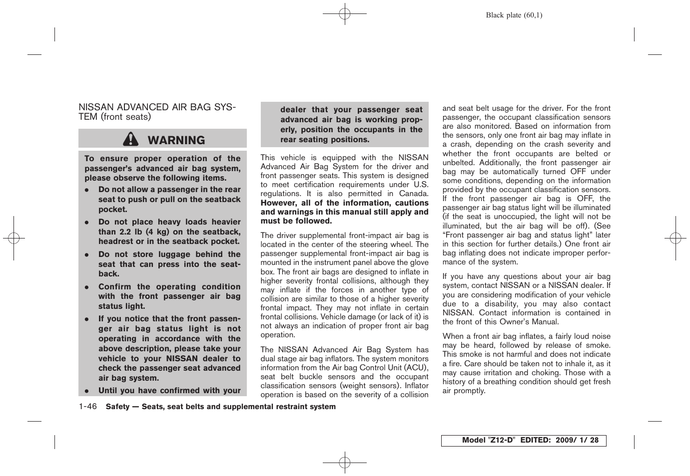 Nissan advanced air bag system (front seats) -46, Warning | NISSAN Z12-D User Manual | Page 62 / 321