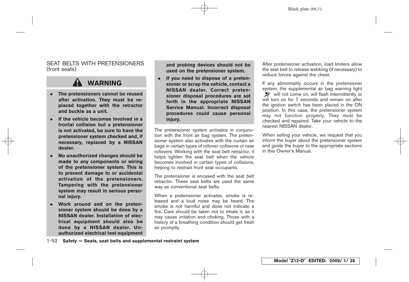 Seat belts with pretensioners (front seats) -52, Warning | NISSAN Z12-D User Manual | Page 68 / 321