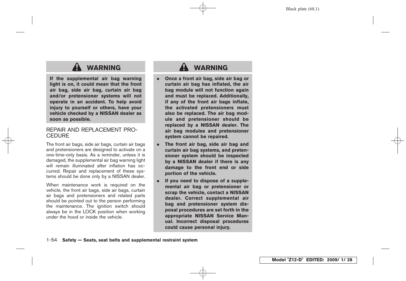 Repair and replacement procedure -54, Warning | NISSAN Z12-D User Manual | Page 70 / 321