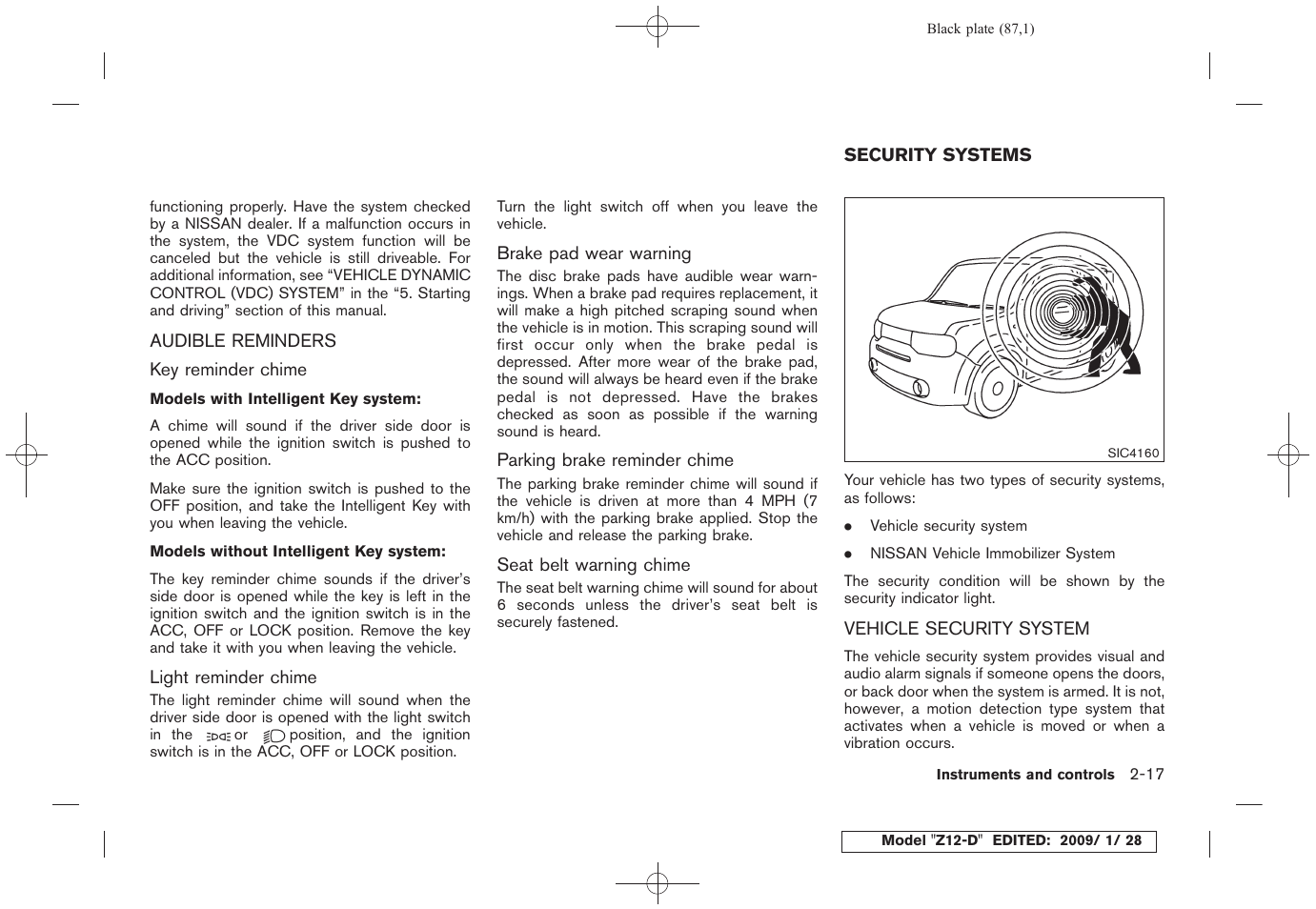 Audible reminders -17, Security systems -17, Vehicle security system -17 | NISSAN Z12-D User Manual | Page 89 / 321