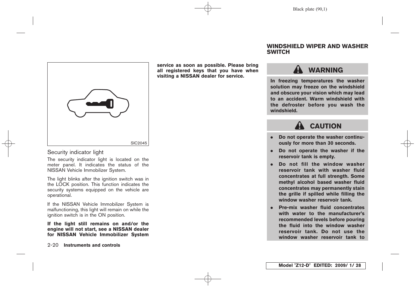 Windshield wiper and washer switch -20, Warning, Caution | NISSAN Z12-D User Manual | Page 92 / 321
