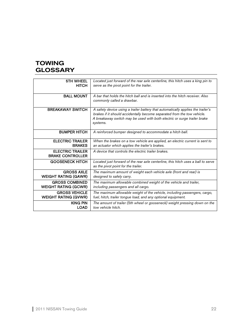 Towing glossary | NISSAN 2011 User Manual | Page 23 / 27