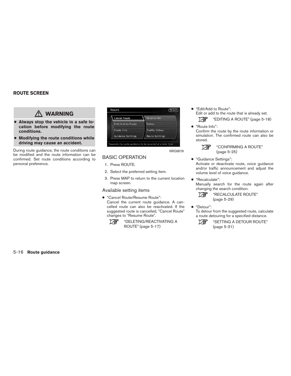 Route screen -16, Basic operation -16, Warning | NISSAN 2011 Altima Hybrid User Manual | Page 124 / 315