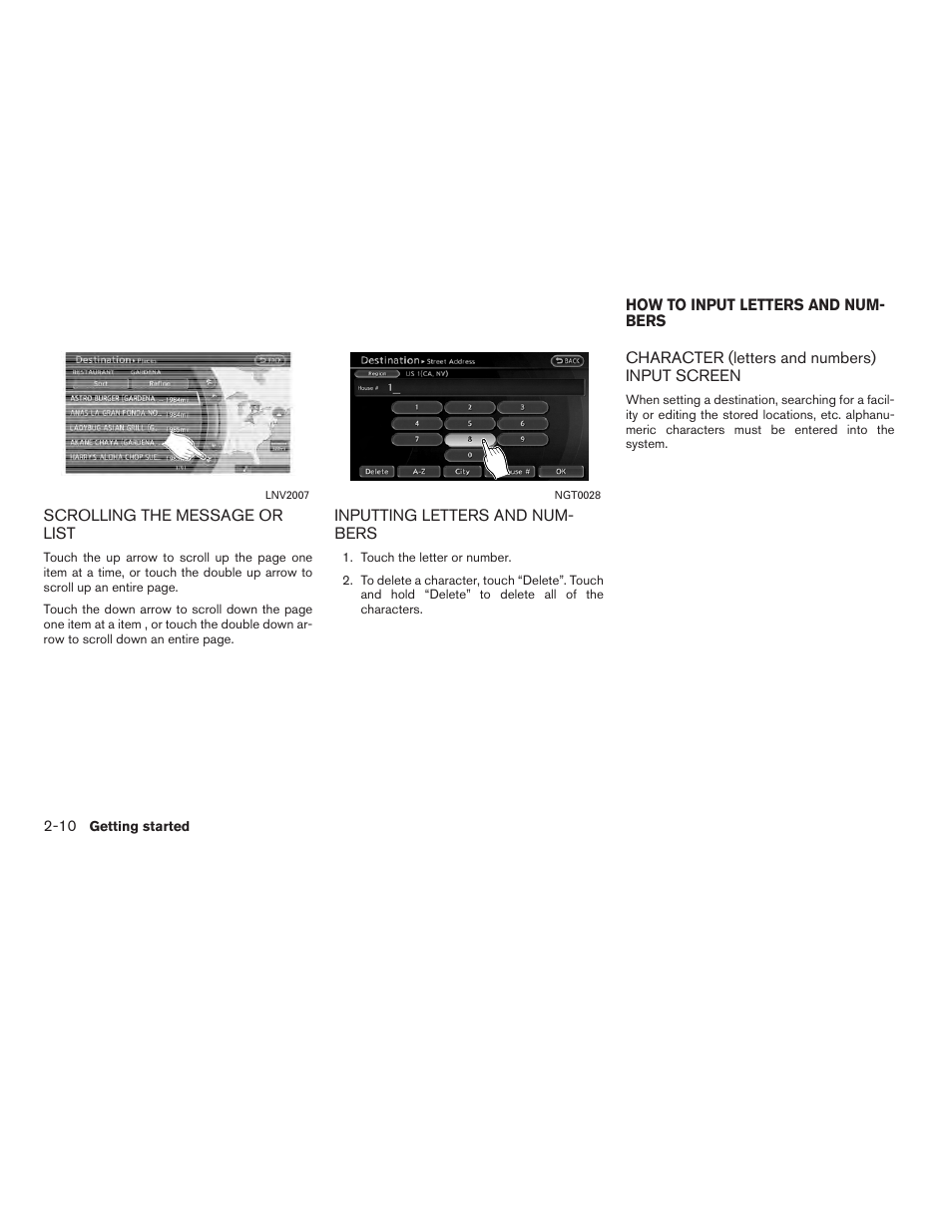How to input letters and numbers -10, Character (letters and numbers) input screen -10 | NISSAN 2011 Altima Hybrid User Manual | Page 18 / 315