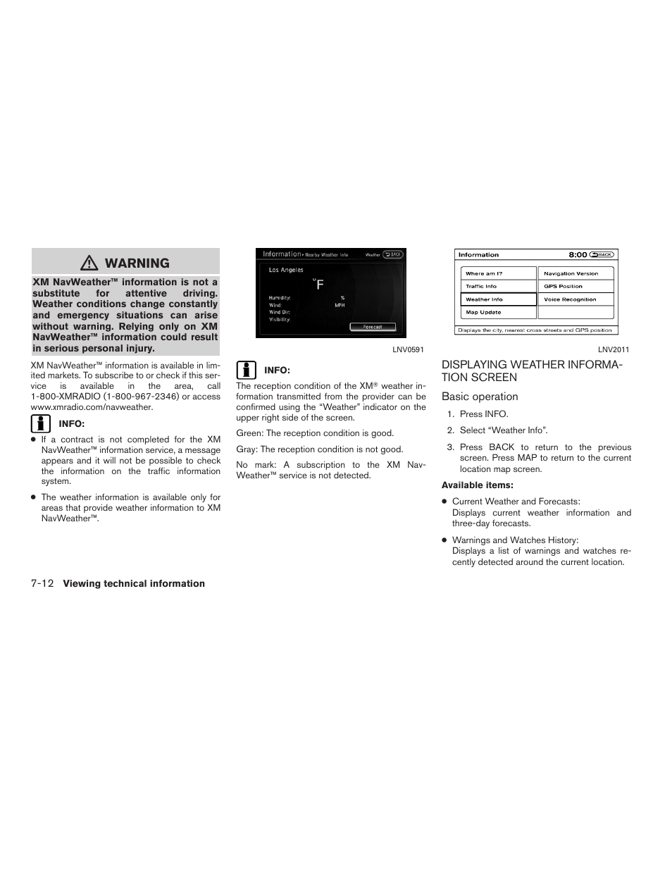 Displaying weather information screen -12, Warning | NISSAN 2011 Altima Hybrid User Manual | Page 200 / 315