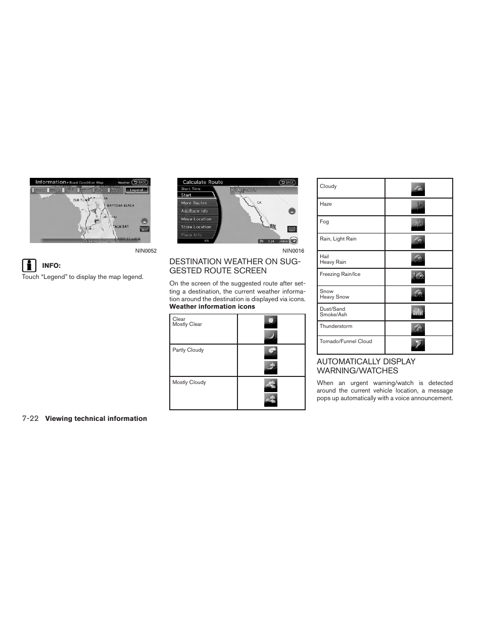 Destination weather on sug- gested route screen, Automatically display warning/watches | NISSAN 2011 Altima Hybrid User Manual | Page 210 / 315