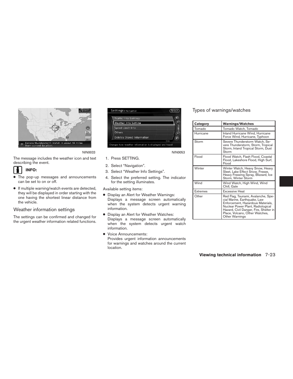 Weather information settings, Types of warnings/watches | NISSAN 2011 Altima Hybrid User Manual | Page 211 / 315