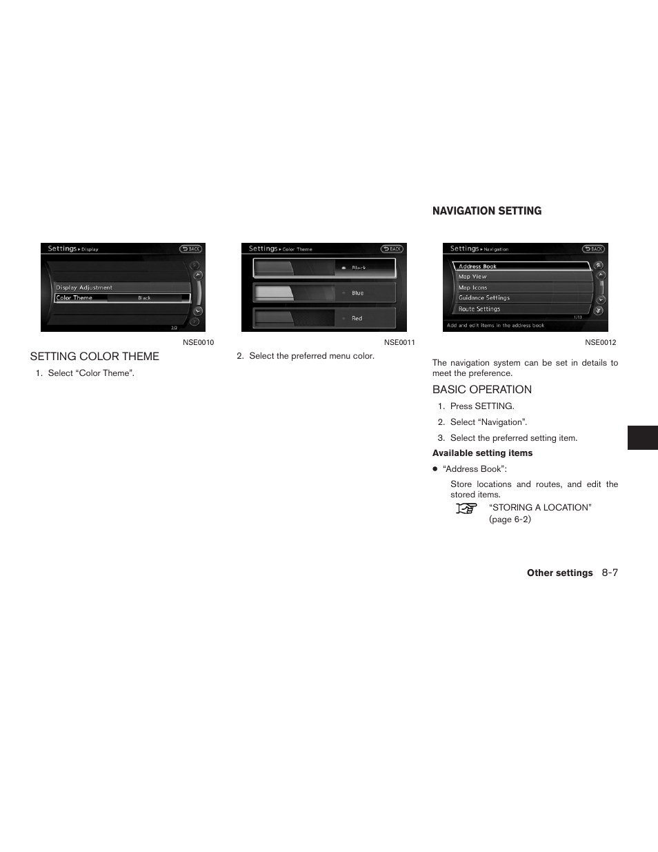 Setting color theme -7, Navigation setting -7, Basic operation -7 | NISSAN 2011 Altima Hybrid User Manual | Page 221 / 315