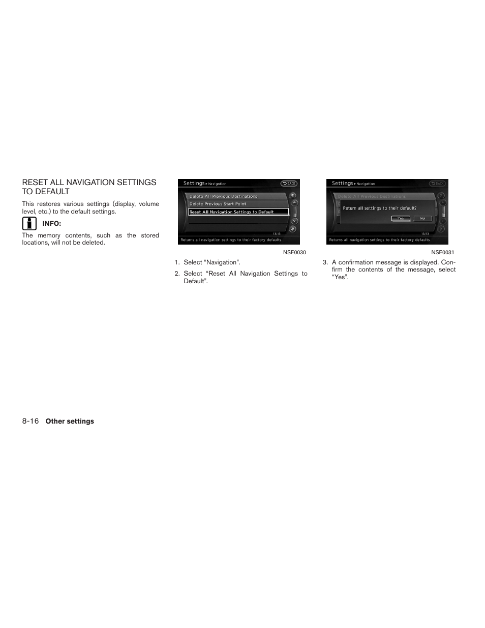 Reset all navigation settings to default -16 | NISSAN 2011 Altima Hybrid User Manual | Page 230 / 315