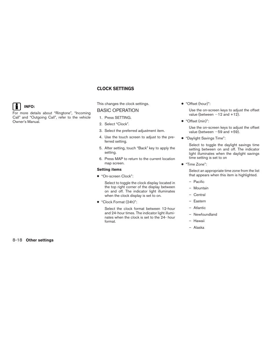 Clock settings -18, Basic operation -18 | NISSAN 2011 Altima Hybrid User Manual | Page 232 / 315