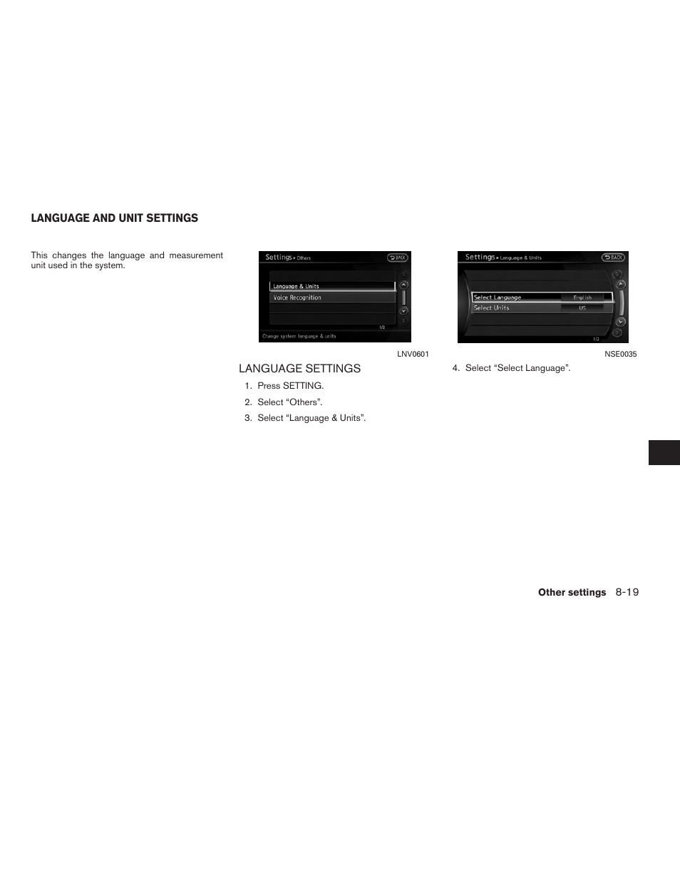 Language and unit settings -19, Language settings -19 | NISSAN 2011 Altima Hybrid User Manual | Page 233 / 315