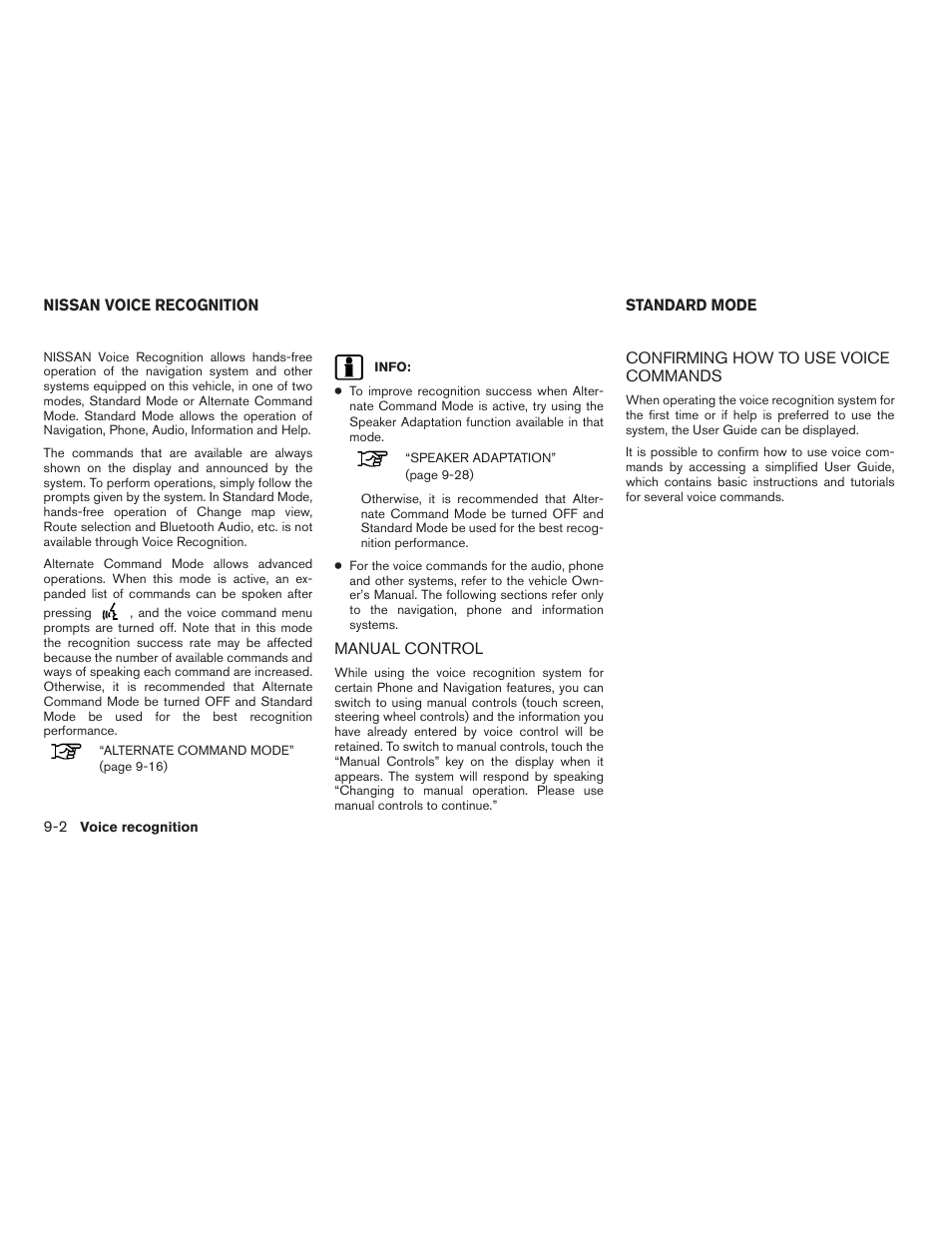 Nissan voice recognition -2, Manual control -2, Standard mode -2 | Confirming how to use voice commands -2 | NISSAN 2011 Altima Hybrid User Manual | Page 238 / 315