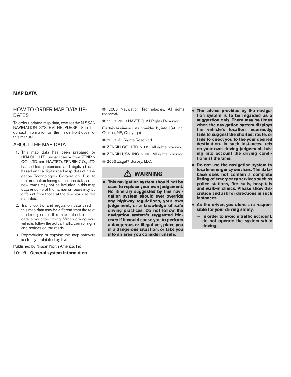 Map data -16, Warning | NISSAN 2011 Altima Hybrid User Manual | Page 290 / 315