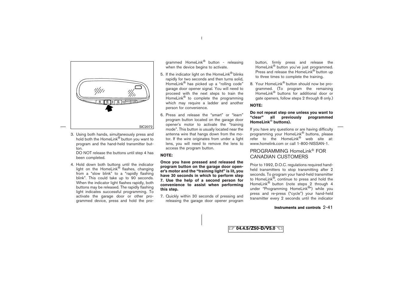 Programming homelink for canadian customers -41 | NISSAN CVT SIC0697 User Manual | Page 100 / 283