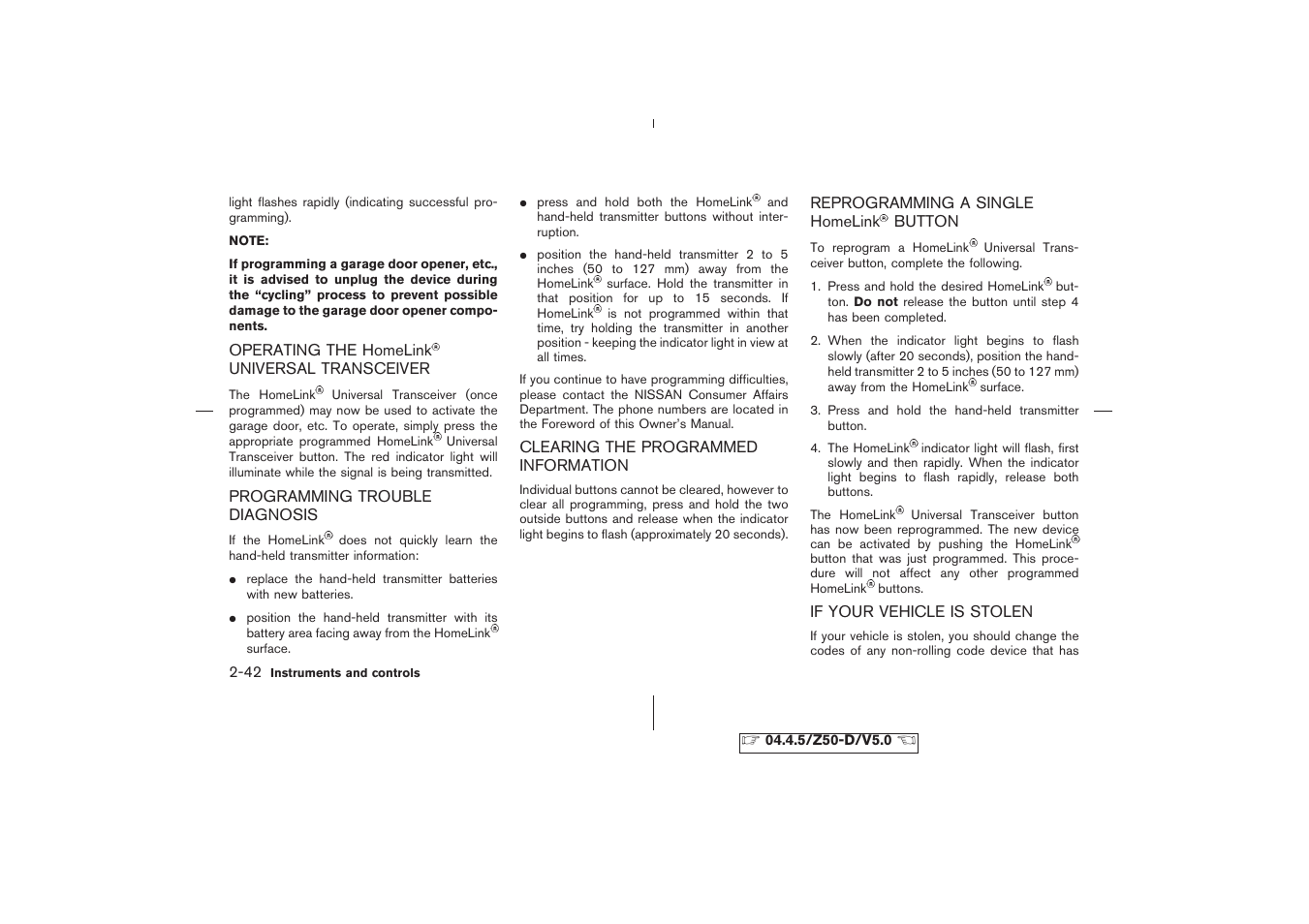 Operating the homelink universal transceiver -42 | NISSAN CVT SIC0697 User Manual | Page 101 / 283