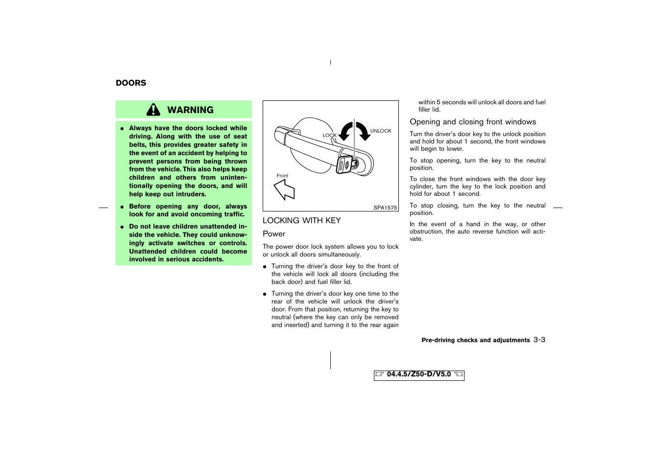 Doors -3, Locking with key -3, Warning | NISSAN CVT SIC0697 User Manual | Page 106 / 283