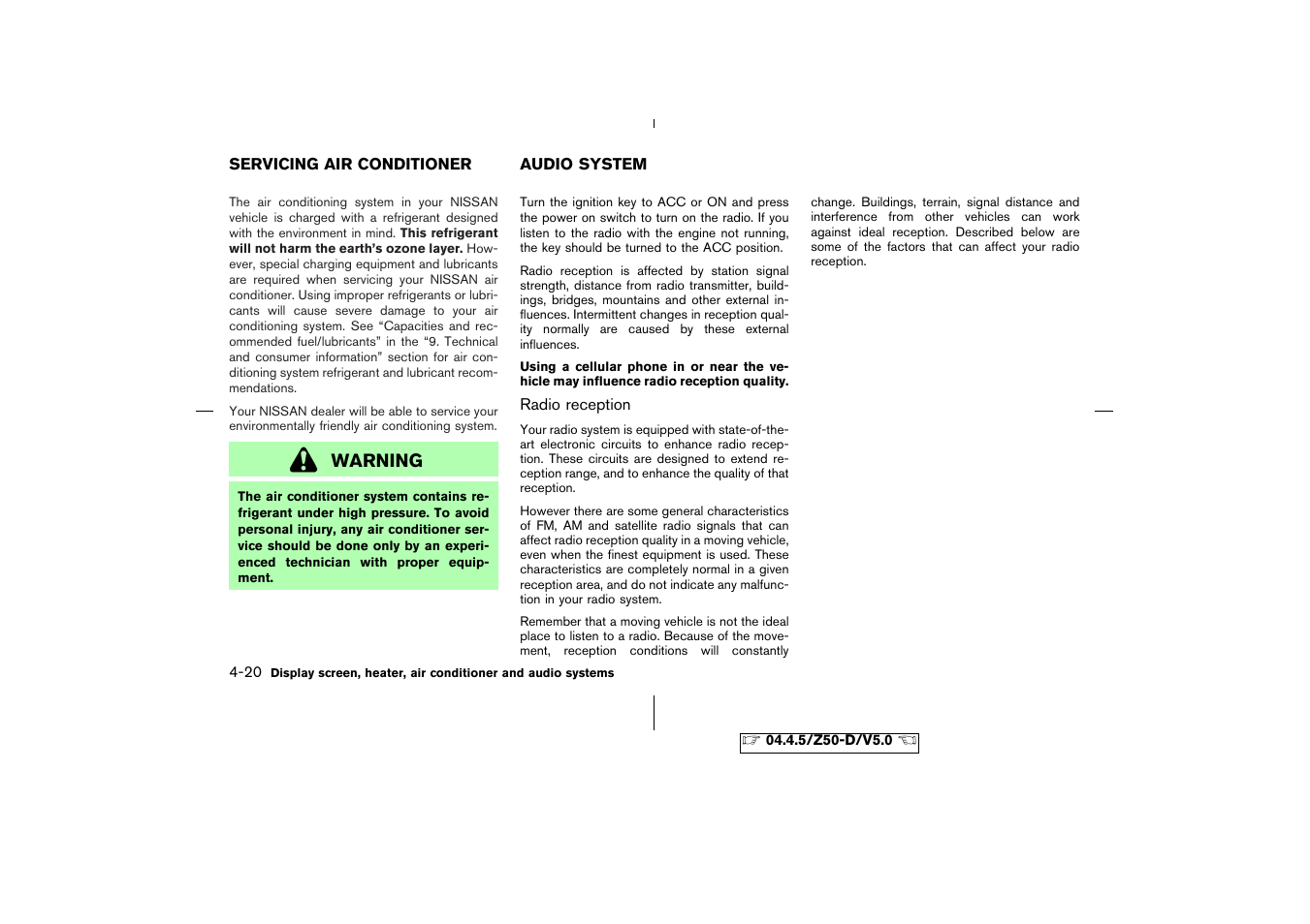 Servicing air conditioner -20 audio system -20, Warning | NISSAN CVT SIC0697 User Manual | Page 143 / 283