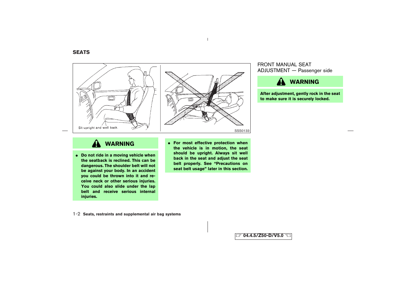 Seats -2, Front manual seat adjustment — passenger side -2 | NISSAN CVT SIC0697 User Manual | Page 15 / 283
