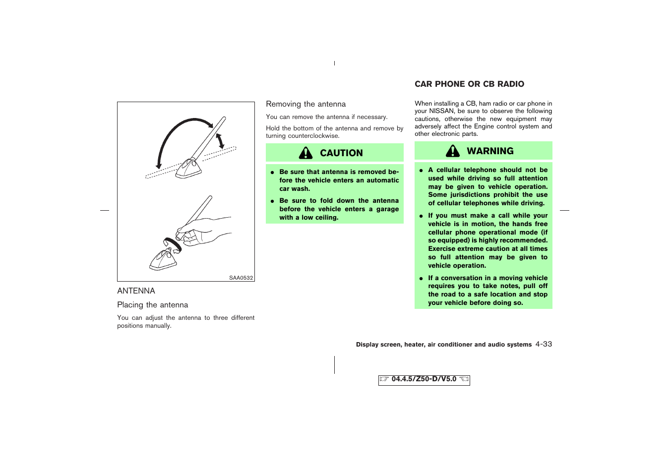 Antenna -33, Car phone or cb radio -33 | NISSAN CVT SIC0697 User Manual | Page 156 / 283