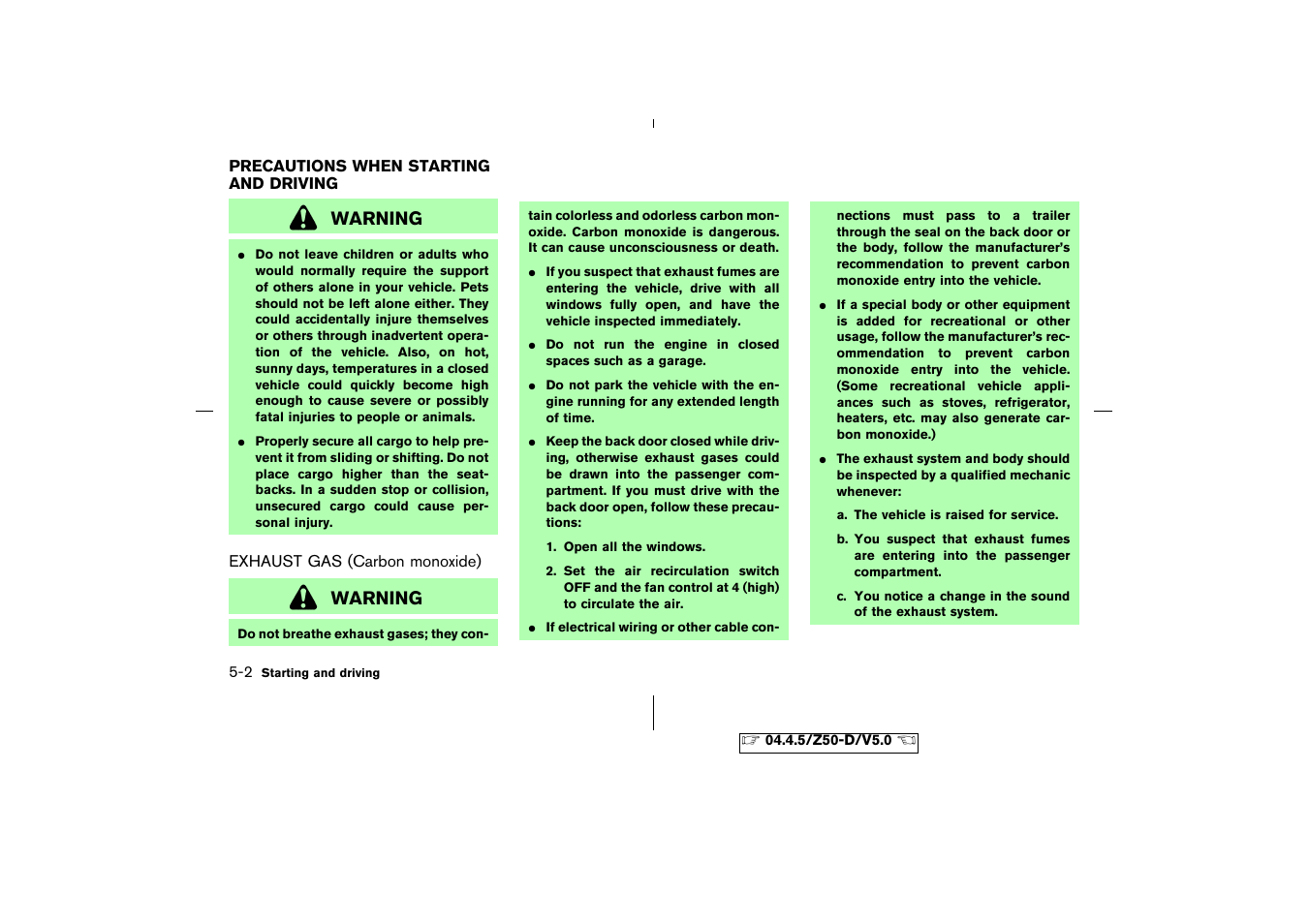 Precautions when starting and driving -2, Exhaust gas (carbon monoxide) -2 | NISSAN CVT SIC0697 User Manual | Page 159 / 283