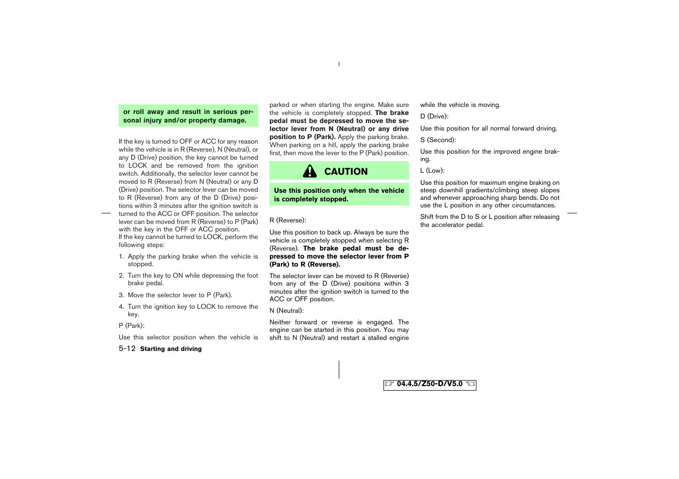 Caution | NISSAN CVT SIC0697 User Manual | Page 169 / 283