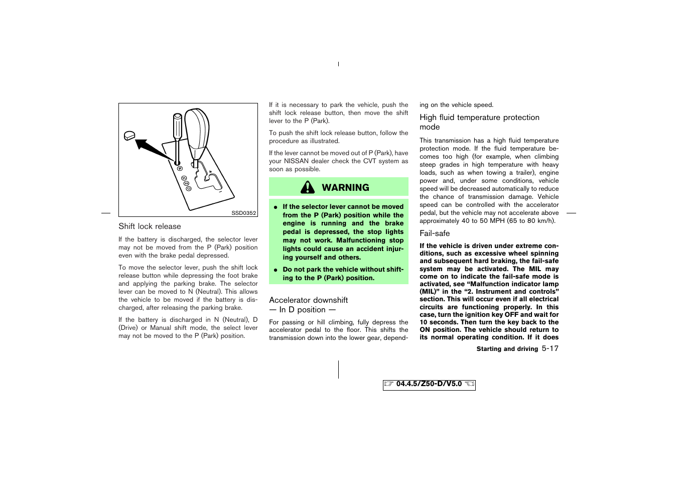 Warning | NISSAN CVT SIC0697 User Manual | Page 174 / 283