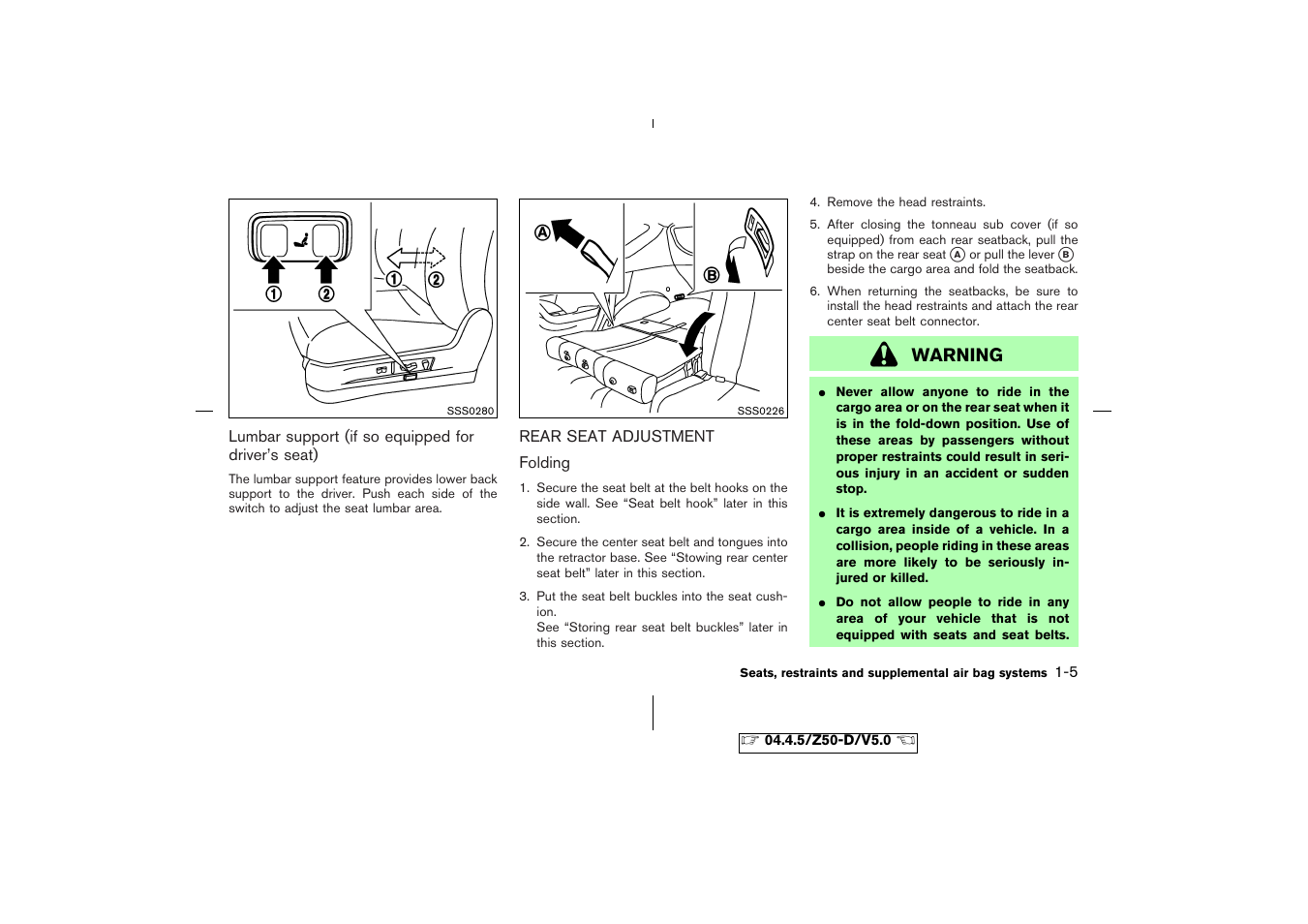 Rear seat adjustment -5, Warning | NISSAN CVT SIC0697 User Manual | Page 18 / 283