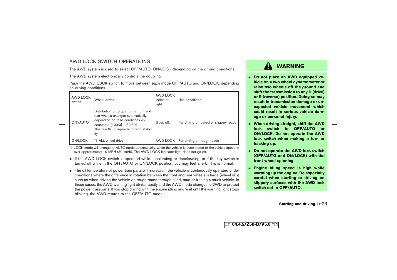Awd lock switch operations -23, Warning | NISSAN CVT SIC0697 User Manual | Page 180 / 283