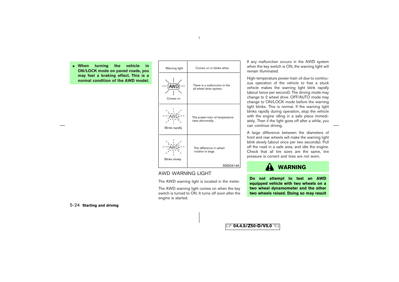 Awd warning light -24, Warning | NISSAN CVT SIC0697 User Manual | Page 181 / 283