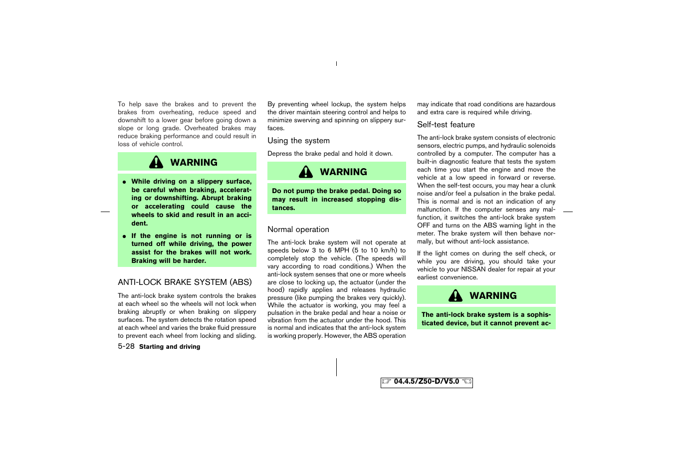 Anti-lock brake system (abs) -28, Warning | NISSAN CVT SIC0697 User Manual | Page 185 / 283