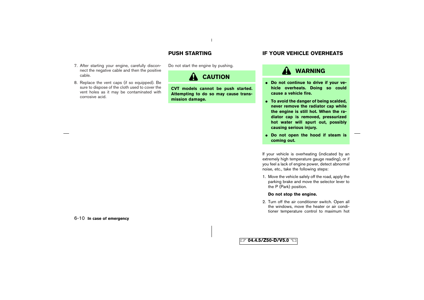 Push starting -10, If your vehicle overheats -10 | NISSAN CVT SIC0697 User Manual | Page 199 / 283