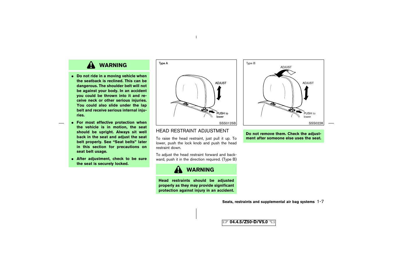 Head restraint adjustment -7 | NISSAN CVT SIC0697 User Manual | Page 20 / 283