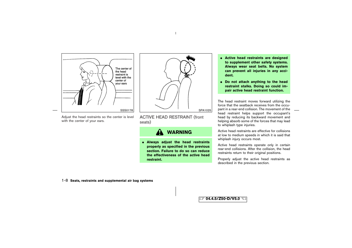 Active head restraint (front seats) -8, Warning | NISSAN CVT SIC0697 User Manual | Page 21 / 283