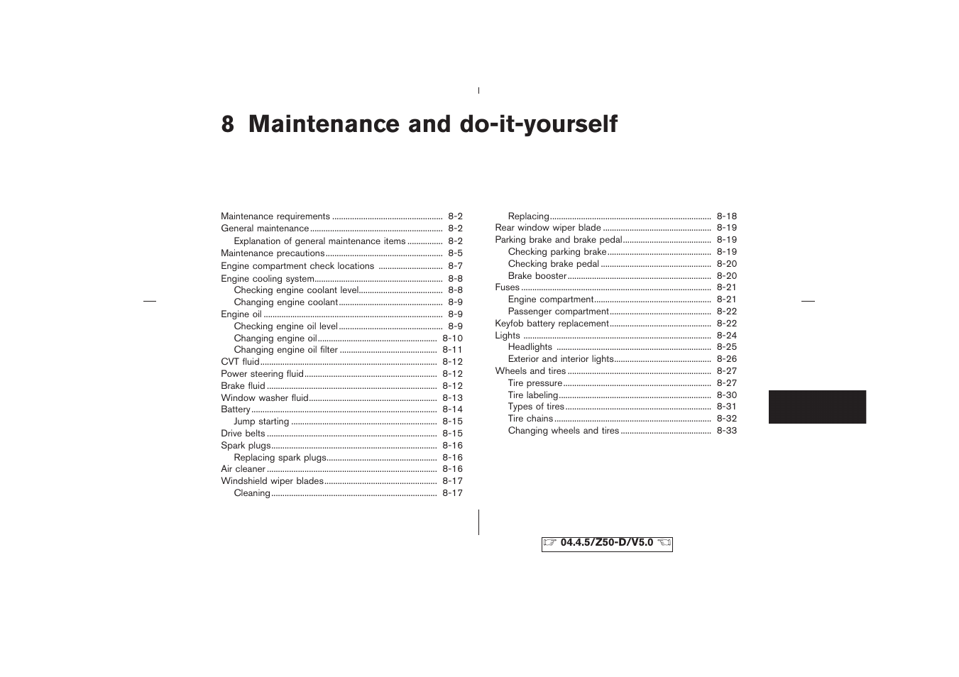 Maintenance and do-it-yourself, 8 maintenance and do-it-yourself | NISSAN CVT SIC0697 User Manual | Page 210 / 283