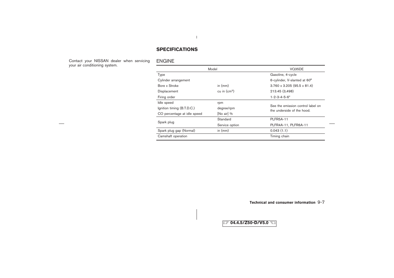 Specifications -7, Engine -7 | NISSAN CVT SIC0697 User Manual | Page 254 / 283