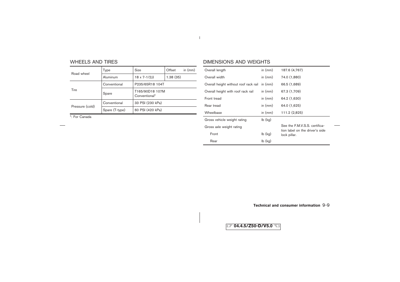 Wheels and tires -9 dimensions and weights -9 | NISSAN CVT SIC0697 User Manual | Page 256 / 283