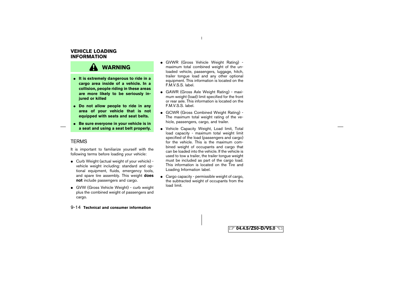 Vehicle loading information -14, Terms -14, Warning | NISSAN CVT SIC0697 User Manual | Page 261 / 283