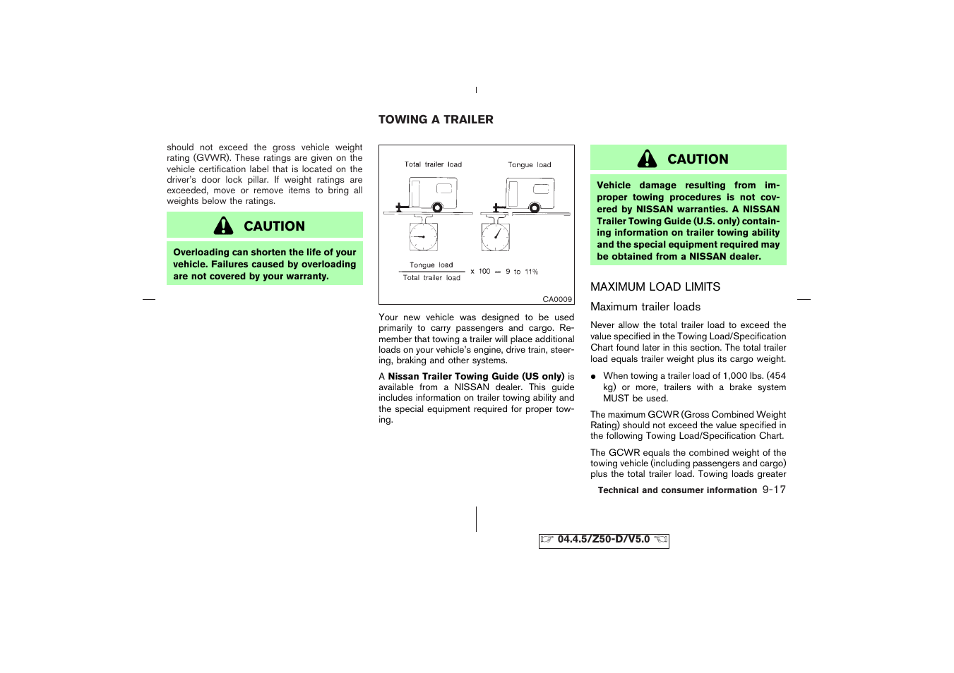 Towing a trailer -17, Maximum load limits -17 | NISSAN CVT SIC0697 User Manual | Page 264 / 283