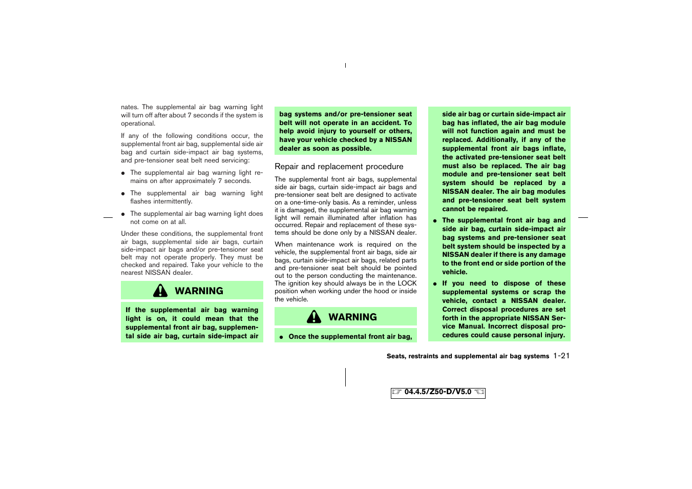 Warning | NISSAN CVT SIC0697 User Manual | Page 34 / 283
