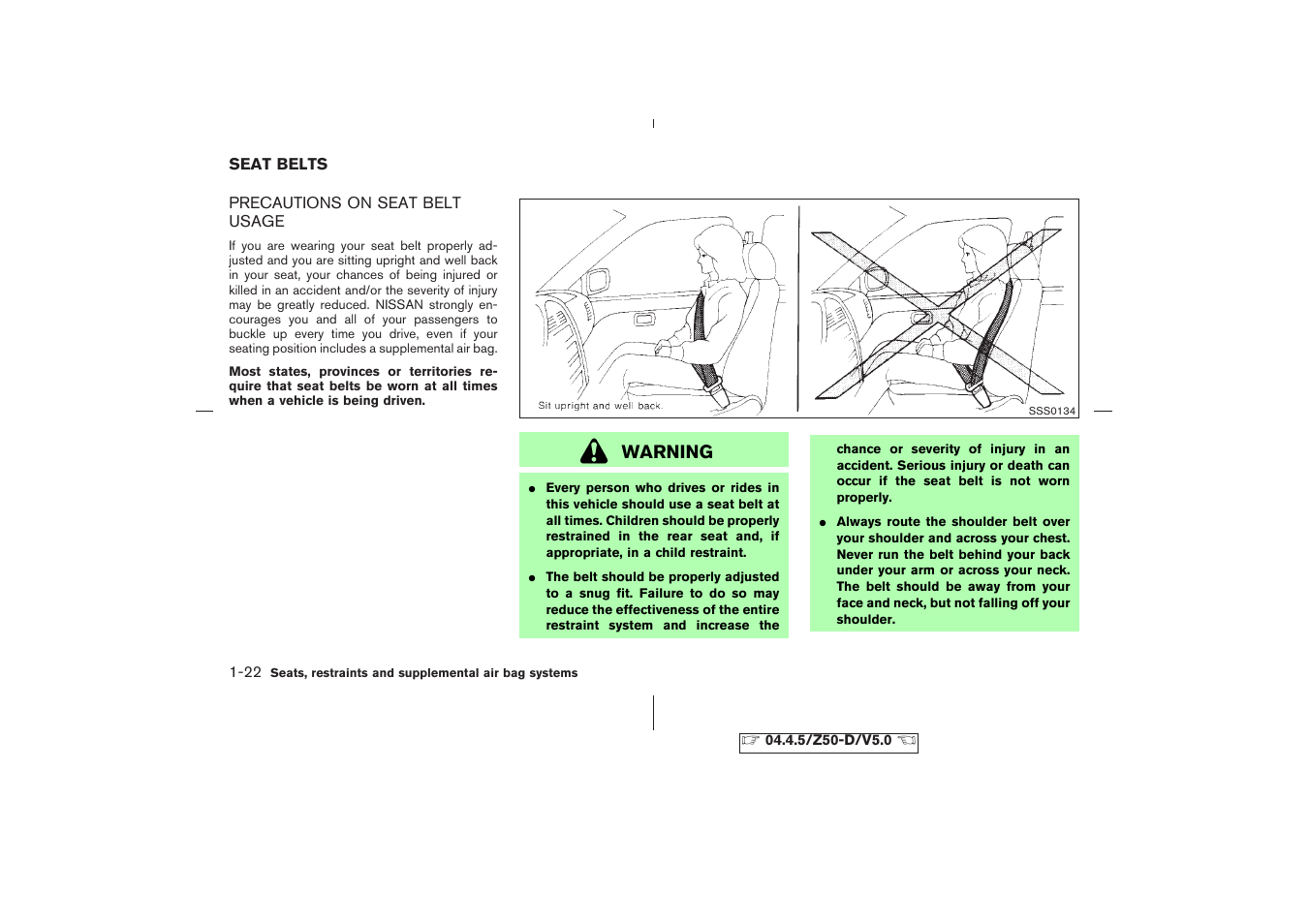 Seat belts -22, Precautions on seat belt usage -22 | NISSAN CVT SIC0697 User Manual | Page 35 / 283