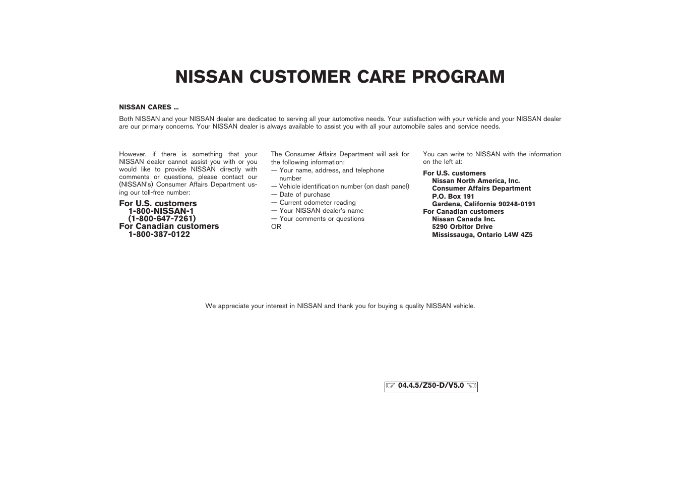 Nissan customer care program | NISSAN CVT SIC0697 User Manual | Page 4 / 283