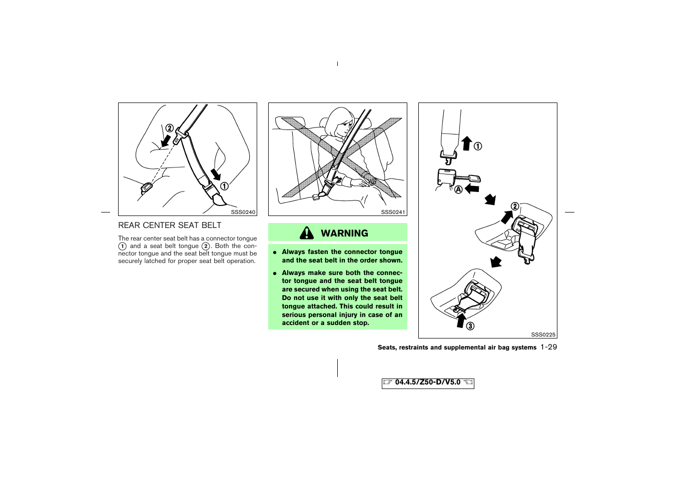 Rear center seat belt -29, Warning | NISSAN CVT SIC0697 User Manual | Page 42 / 283