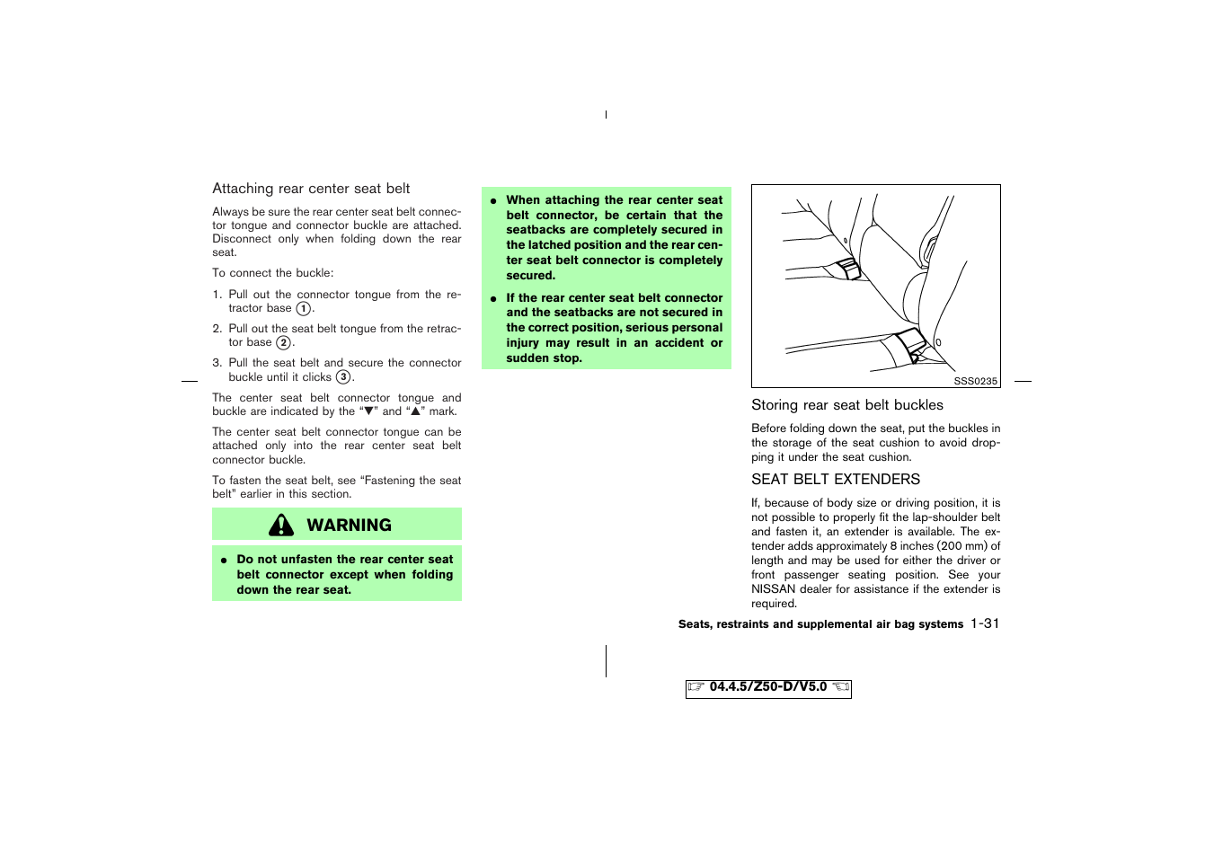 Seat belt extenders -31, Warning | NISSAN CVT SIC0697 User Manual | Page 44 / 283