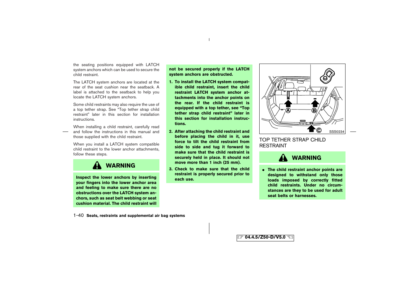 Top tether strap child restraint -40 | NISSAN CVT SIC0697 User Manual | Page 53 / 283